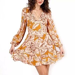 NWT Band of the Free Long Sleeve Orange Floral Fit & Flare Mini Dress Size Small